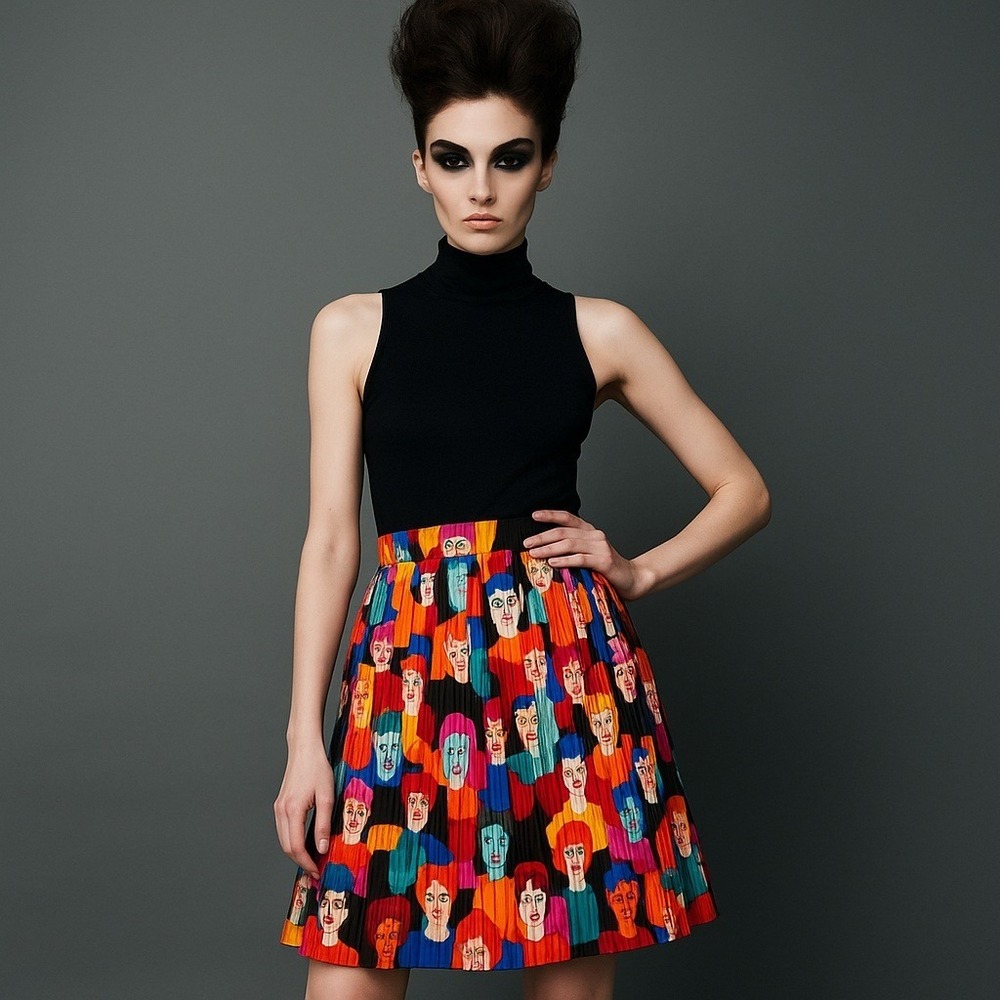 Gorman x Monika Forsberg Pleated Skirt Size 6 Abstract Faces Print Summer 2017